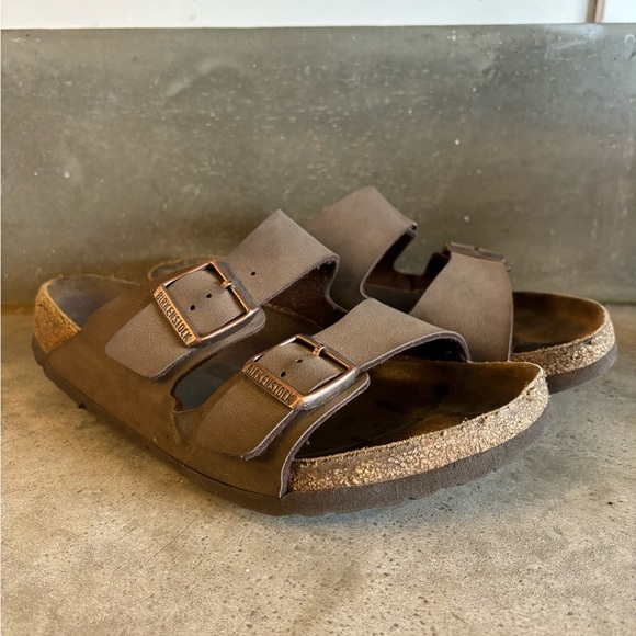 Birkenstock Arizona Birko Flor Dark Brown Size 10 Women’s Double Strap Leather - Picture 2 of 12